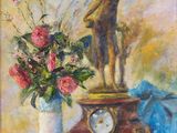 a painting of a statue and a vase of flowers on a table