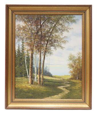 un tableau représentant un sentier traversant une forêt peuplée d'arbres