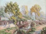 un tableau représentant un petit ruisseau qui traverse un champ