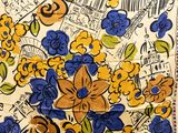 yellow, blue and orange flowers on a white background with music notes
