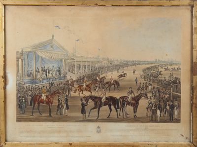 tableau représentant une course hippique avec une foule de personnes et de chevaux