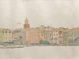 a picture of a painting of a city on a shower curtain