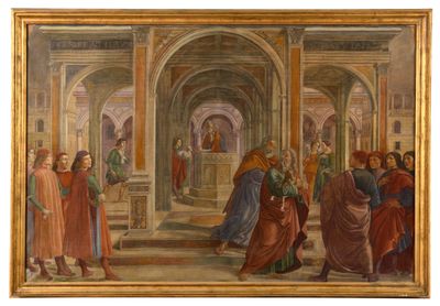 an image of a painting of a group of people standing in front of a building