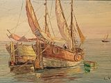 une peinture représentant un bateau dans l'eau avec d'autres bateaux à l'arrière-plan