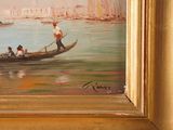 a painting of a gondola on the water with people in it