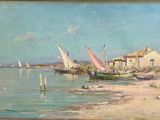 a painting of a beach scene with sailboats on the water