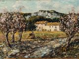 une image d'une peinture représentant une maison et des arbres dans un champ