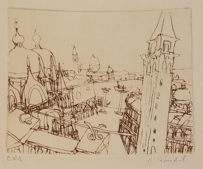 dessin représentant une vue d'une ville avec une tour horloge au loin