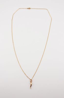 a gold necklace with a small pendant on a chain