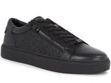 a black leather sneaker with a monogram print on the side