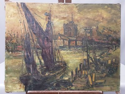 un tableau posé sur un chevalet représentant des bateaux sur l'eau