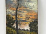 a painting of a tree in a field with a sunset in the background