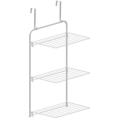 a close up of a metal shelf with three shelves on it