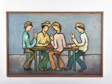 tableau représentant un groupe de personnes assises à une table avec des verres
