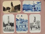 many old photos of a city with a statue on top of it