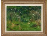 a painting of a green field with wildflowers in the foreground