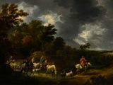 un tableau représentant un groupe de personnes chevauchant, entourées de moutons