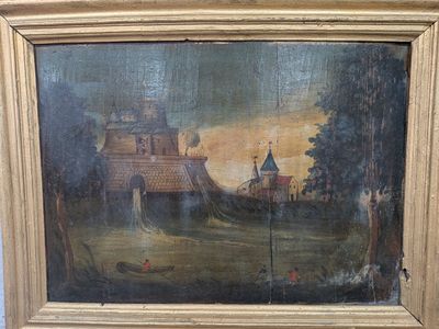 un vieux tableau représentant un château dans un champ, avec un cheval au premier plan