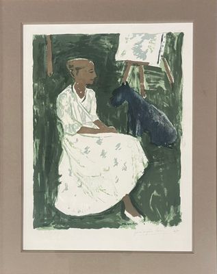 tableau représentant une femme assise sur une chaise à côté d'un chien noir