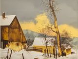 a painting of a barn and a tree in the snow