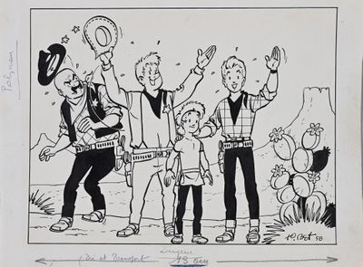 cartoon drawing of a family with a child and a man with a guitar