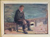 a painting of a man sitting on a bench by the water