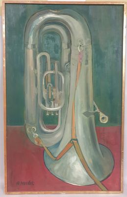 peinture représentant un instrument de musique sur un fond rouge