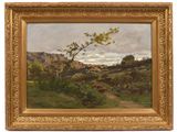 a painting of a landscape with a tree in the foreground and hills in the background
