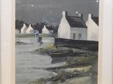 painting of a boat in a body of water with a house in the background