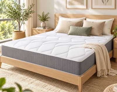 une photo d'un lit avec un matelas et des oreillers dans une chambre
