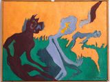 un tableau accroché au mur d'une pièce, représentant un homme et une femme