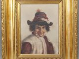 tableau représentant une femme coiffée d'un chapeau rouge et vêtue d'un manteau de fourrure