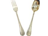 pair of silver plated spoons and fork on a white background