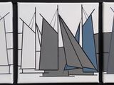 three paintings of sailboats in a row on a black and white background