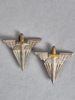 une paire d'ailes en métal argenté sur une surface grise