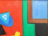 a painting of a woman sitting at a table with a blue hat on her head