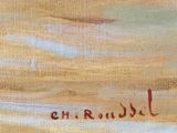 an oil painting of a beach scene with a boat in the water