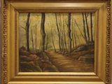 une peinture à l'huile représentant un sentier dans une forêt, avec des rochers et des arbres