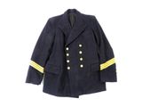 a navy jacket with yellow stripes and buttons on the shoulders