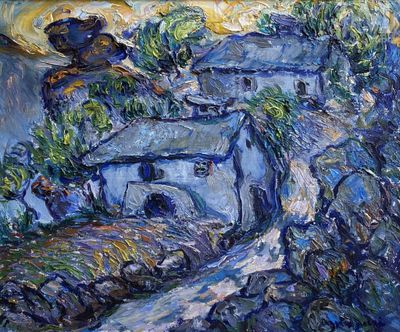 une peinture à l'huile représentant une maison sur une colline, avec un arbre au premier plan
