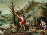 a painting of a man hanging from a tree with animals around him