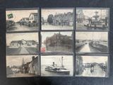 several old black and white photos of a boat on a river
