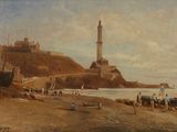 un tableau représentant un phare sur le rivage d'une plage