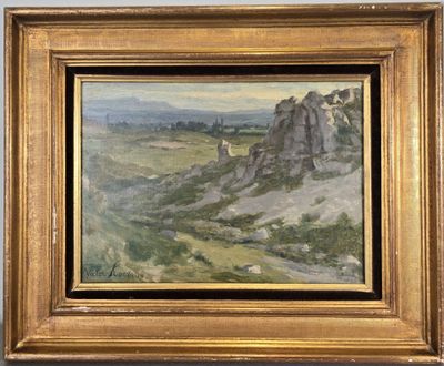 une peinture à l'huile représentant un paysage de montagne avec un château au loin