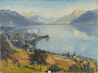 tableau représentant une vue sur un lac et une ville, avec des montagnes en arrière-plan