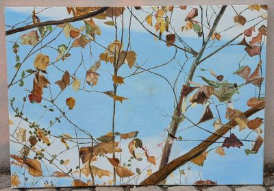 un tableau représentant un oiseau perché sur une branche d'arbre