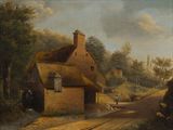 painting of a country road with a thatched house and sheep grazing on the side of the road