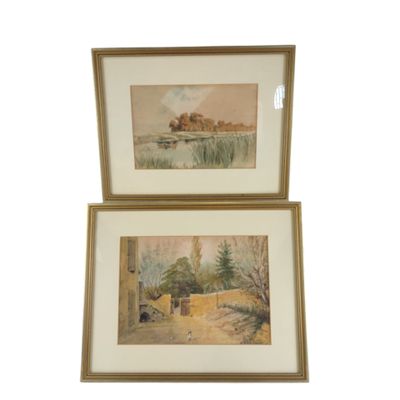 paire d'aquarelles représentant une scène de vie à la ferme