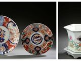 three different pictures of a vase and a plate with a bird on it
