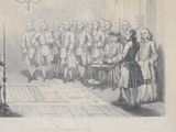 a drawing of a group of people standing in a room